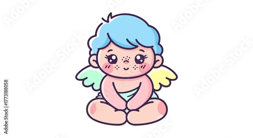 Cute kawaii baby angel with blue hair and colorful pastel wings sitting on a white background.