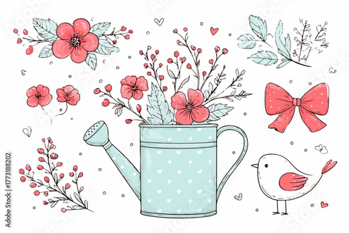 Ensemble d'éléments floraux et de jardinage dessinés à la main, style vecteur, pour la décoration.