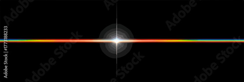 Effet de lentille lumineux avec un faisceau de lumière arc-en-ciel sur fond noir.