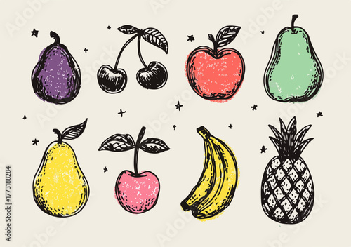 Collection de fruits dessinés à la main, vecteur, style doodle, sur fond clair.