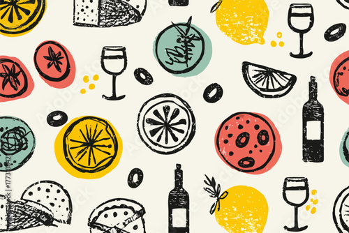 Motif sans couture de nourriture et de boisson avec des illustrations dessinées à la main de fruits, légumes, fromage et vin.