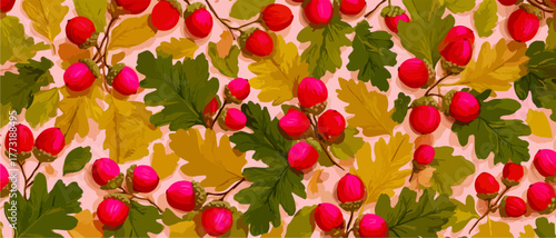 Motif de vecteur de glands rouges et de feuilles de chêne vertes et jaunes sur fond rose pâle.