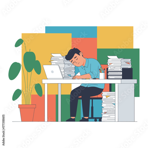 Exhausted office worker suffering from burnout asleep at desk surrounded by paperwork and deadlines