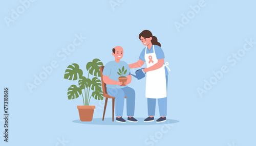 Caregiver helps cancer patient water a plant symbolizing health recovery and hope