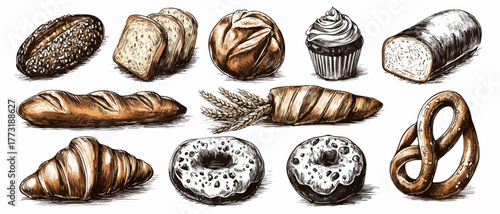 Collection d'illustrations dessinées à la main de pains, viennoiseries et pâtisseries diverses.