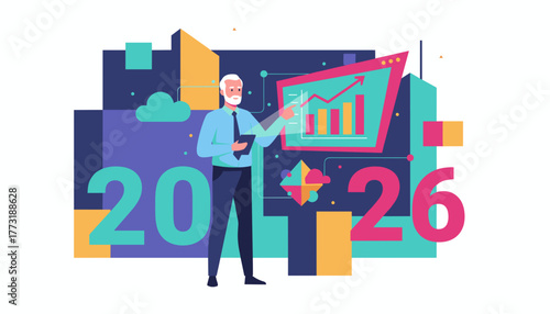 Businessman presents 2026 growth forecast analyzing financial data and strategy