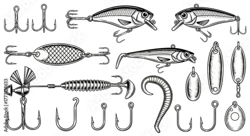Monochrome Fishing Lures and Hooks Vector Graphic | Vintage Engraved Tackle Set