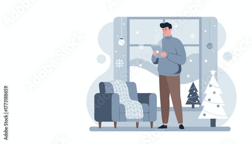 Man uses tablet indoors during snowy winter holiday Cozy home relaxation illustration