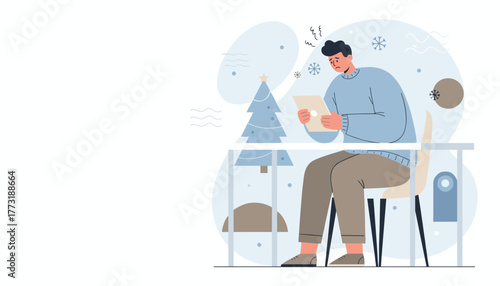 The man looks stressed checking the tablet during the holidays Christmas anxiety and workload concept