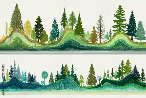 Paysage stylisé de collines ondulées vertes avec une variété d'arbres forestiers diversifiés.