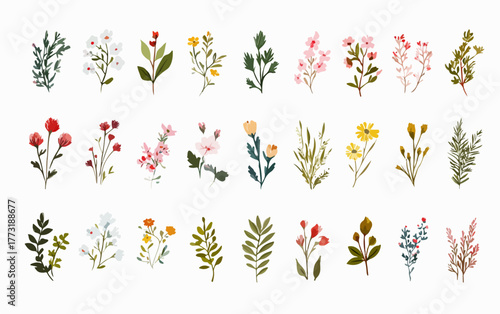 Collection de petites fleurs et feuilles délicates peintes à l'aquarelle pour des décorations naturelles.