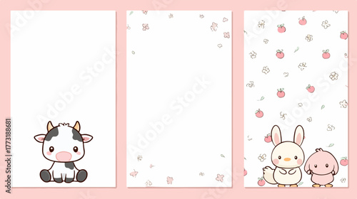 Trois charmantes illustrations vectorielles de style kawaii avec des animaux de ferme mignons sur fond rose.