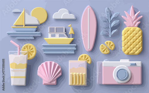 Ensemble d'icônes d'été stylisées en papier découpé pour des vacances joyeuses et colorées.