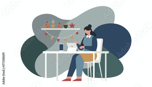 Professional woman working on a laptop at a decorated desk balancing remote work with holiday cheer