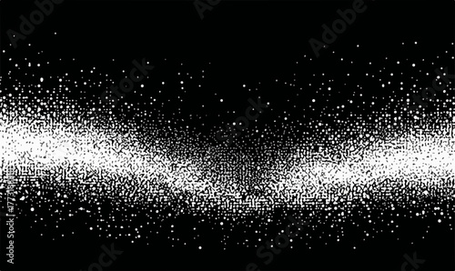 Texture abstraite de particules blanches sur fond noir, un effet de poussière dynamique.