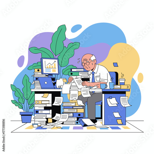 Stressed senior man overwhelmed by mountains of office paperwork and tight deadlines