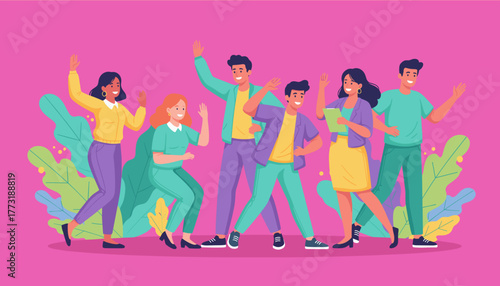 Happy diverse young team celebrating success with vibrant energy against a pink and green background