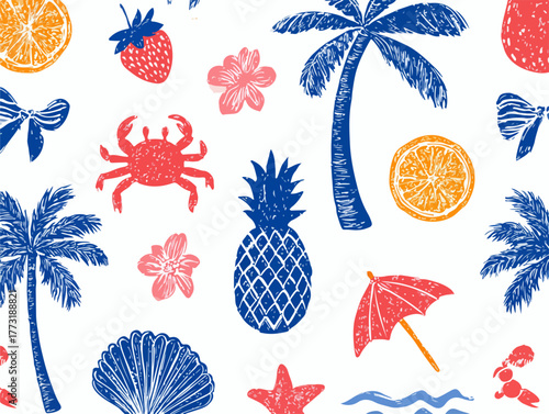 Motif d'été coloré avec des fruits tropicaux, palmiers, crabes et coquillages.