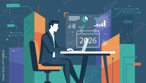 Business planning for 2026 Man analyzing data visualizations and charts on a futuristic dashboard