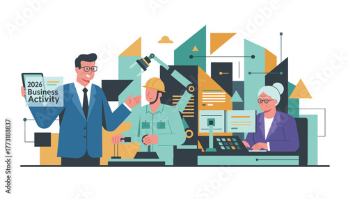 Diverse team collaborates on 2026 business planning integrating industry management and technology