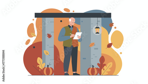 Senior man uses a tablet outdoors surrounded by pumpkins and autumn leaves flat vector illustration
