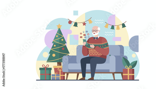 Senior man overwhelmed by messages on phone next to a Christmas tree Holiday communication technology