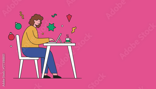 Woman works remotely on laptop during the festive season with coffee