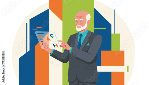 Senior businessman analyzes digital finance data on a transparent tablet Technology and investment