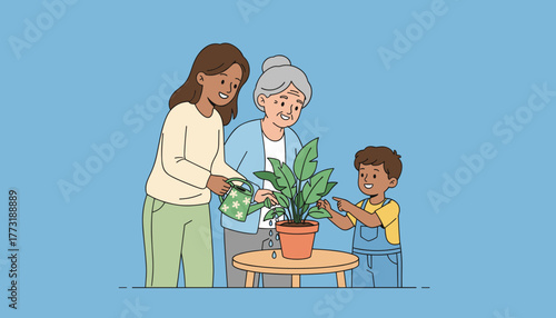 Three generations caring for a houseplant fostering family bonding and shared hobby