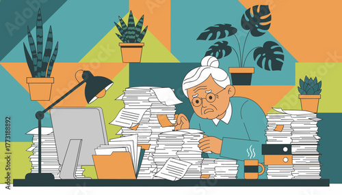 Stressed senior woman buried in a massive pile of office paperwork and documents