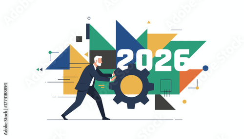Businessman pushes gear mechanism towards 2026 Business strategy and future progress