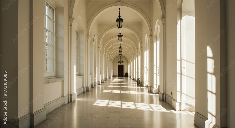 Obraz premium Long arched hallway with sunlight streaming through windows creating shadows.