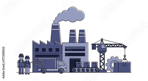 Industrial factory production vector illustration with manufacturing workers logistics truck and crane operations