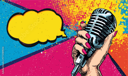 Illustration vectorielle vibrante d'une main tenant un microphone rétro sur un fond pop art éclaboussé, prête pour la communication créative.