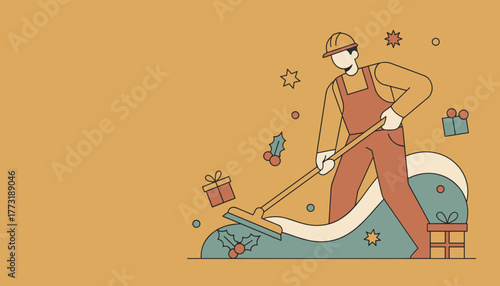 Construction worker sweeping snow and gifts in a Christmas themed illustration