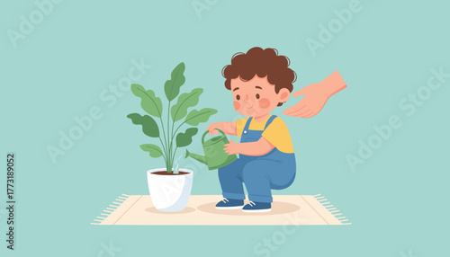 Smiling child watering a plant with an adults guiding hand Learning growth and nature care illustration