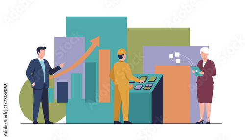 Business team analyzing data and achieving growth targets through industrial collaboration and technology