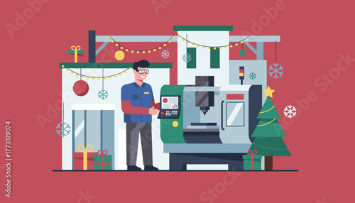 Happy engineer working on industrial machine decorated for Christmas Manufacturing holiday concept