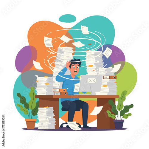 Stressed worker overwhelmed by huge piles of documents and paperwork deadline pressure and burnout concept