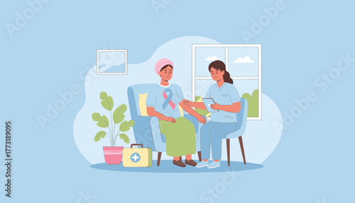 Nurse visiting cancer patient at home for consultation and support