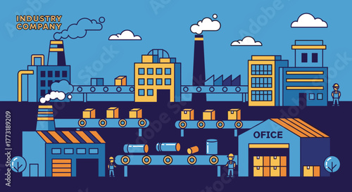 Flat vector illustration of a large industrial factory complex production line warehouse and labor workforce