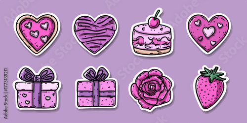 Adorable collection d'autocollants vectoriels illustrant des cœurs, gâteaux, cadeaux et fleurs pour des designs doux et festifs.