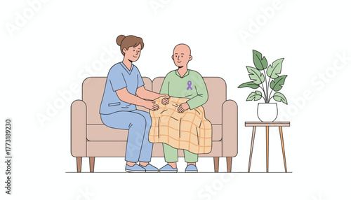 Nurse comforts cancer patient on a sofa symbolizing health support palliative care and hope