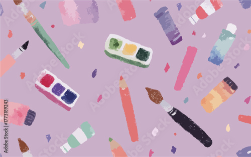 Motif vectoriel coloré d'outils d'art et de fournitures créatives dispersés sur un fond violet pastel, parfait pour l'inspiration artistique et la créativité.