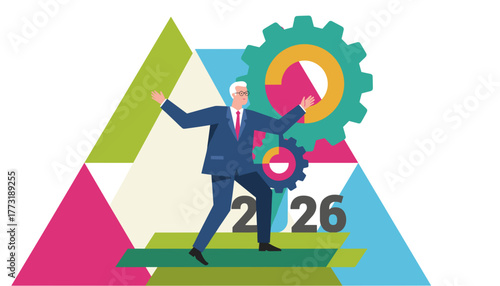 Senior executive visualizing business strategy for 2026 success supported by abstract gears and charts