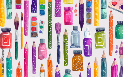 Un fond vibrant et détaillé d'outils artistiques variés, incluant pinceaux, crayons de couleur et flacons de peinture, parfait pour l'inspiration et l'éducation.