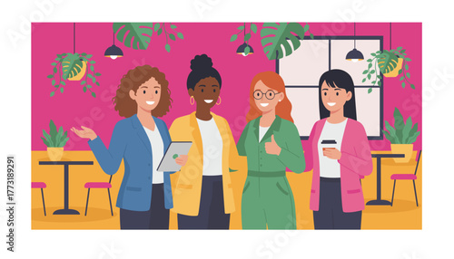 Happy diverse female team celebrating business success and collaboration in a vibrant modern cafe setting