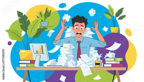 Stressed worker buried under paperwork overload Panic burnout and extreme office anxiety concept