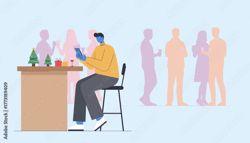 Fototapeta premium Man absorbed by smartphone at festive party isolated from socializing crowd Vector illustration