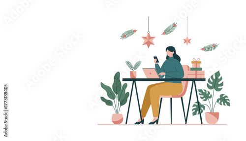 Woman handles business or shops online at a festive desk with gifts laptop and holiday decor